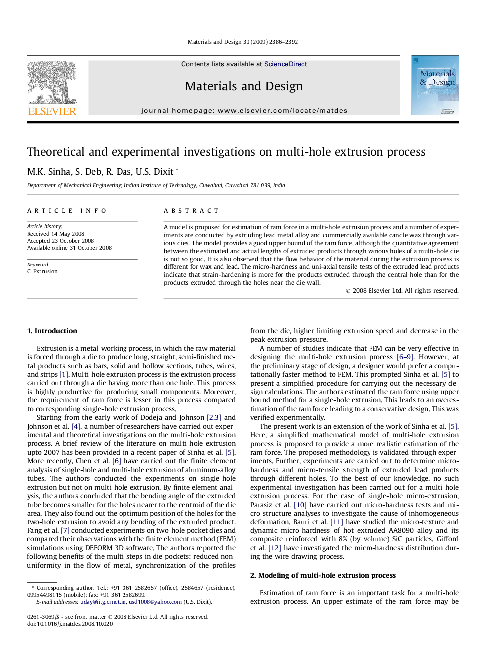 Theoretical and experimental investigations on multi-hole extrusion process