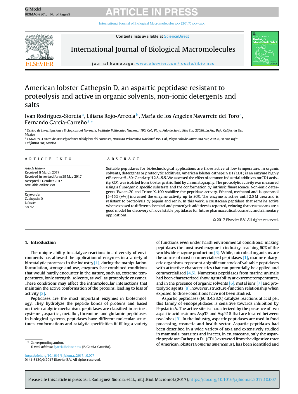 American lobster Cathepsin D, an aspartic peptidase resistant to proteolysis and active in organic solvents, non-ionic detergents and salts