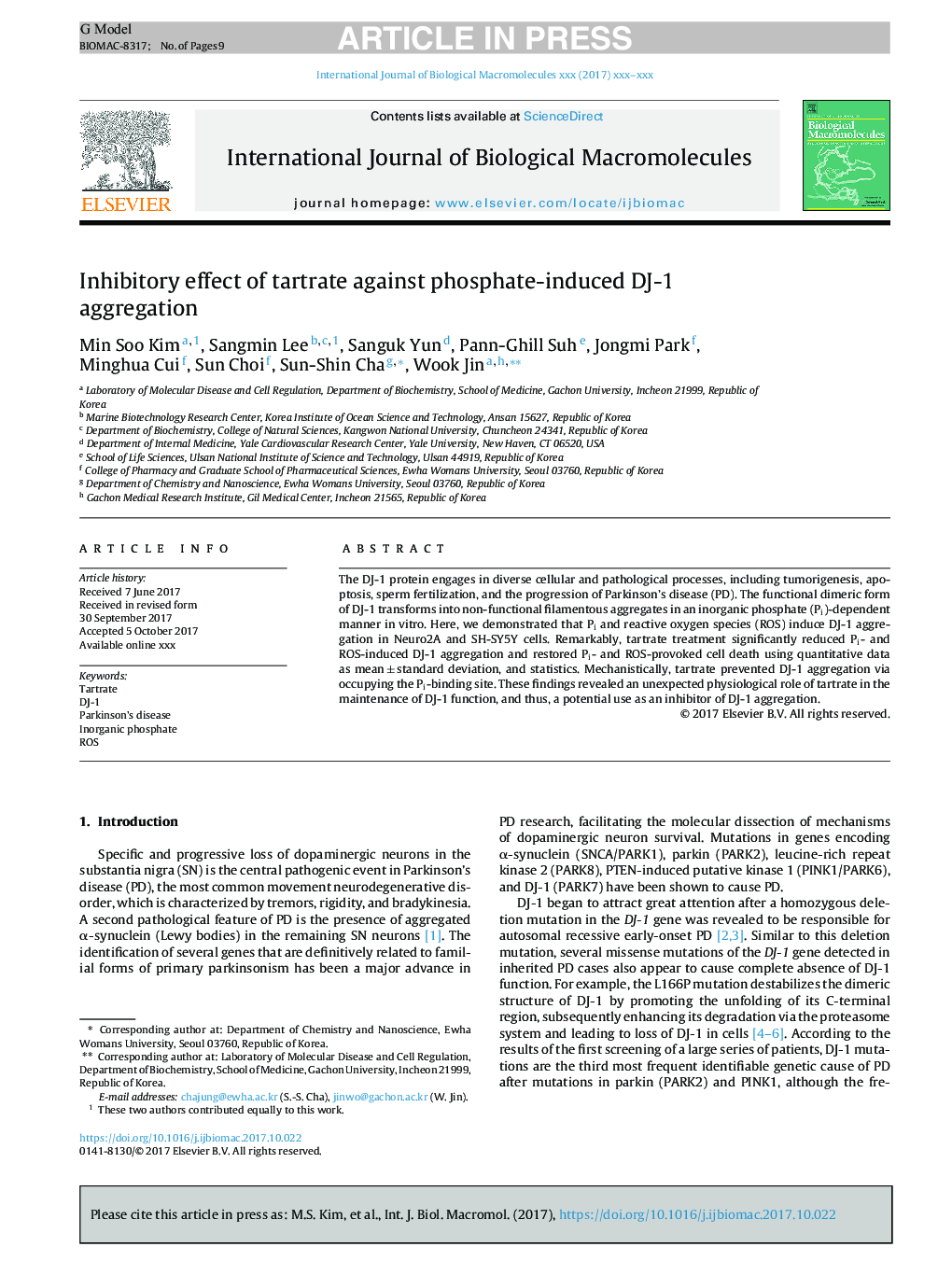 Inhibitory effect of tartrate against phosphate-induced DJ-1 aggregation