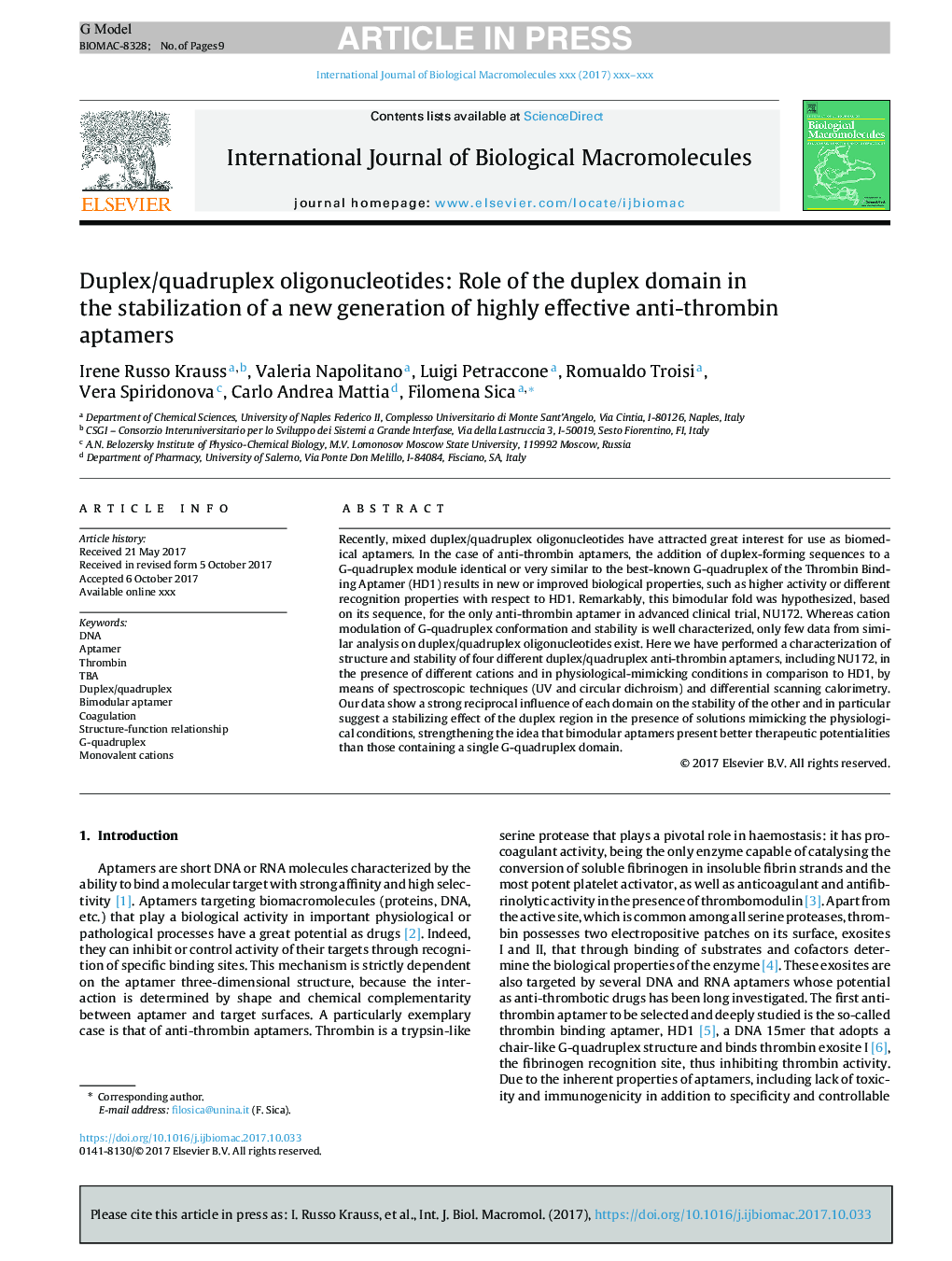 Duplex/quadruplex oligonucleotides: Role of the duplex domain in the stabilization of a new generation of highly effective anti-thrombin aptamers