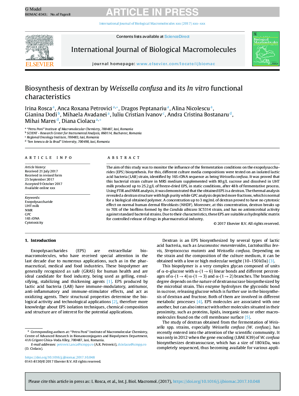 Biosynthesis of dextran by Weissella confusa and its In vitro functional characteristics