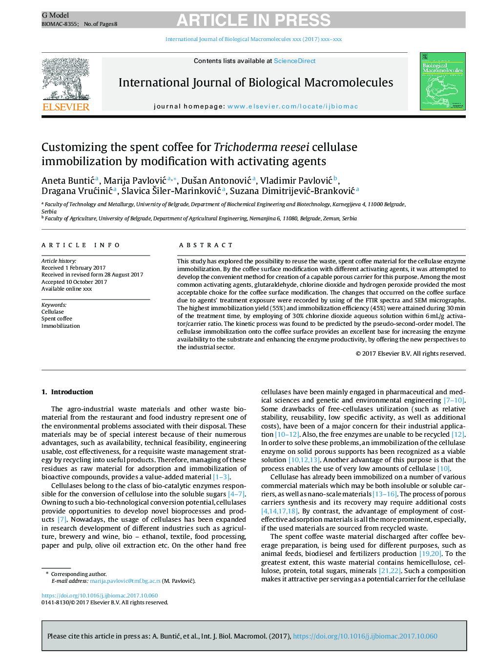 Customizing the spent coffee for Trichoderma reesei cellulase immobilization by modification with activating agents