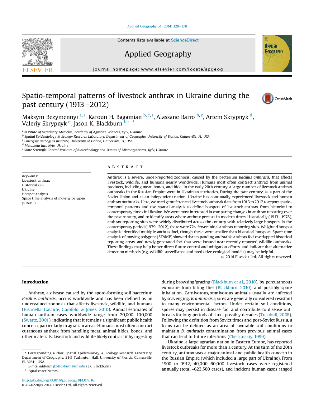 Spatio-temporal patterns of livestock anthrax in Ukraine during the past century (1913–2012)