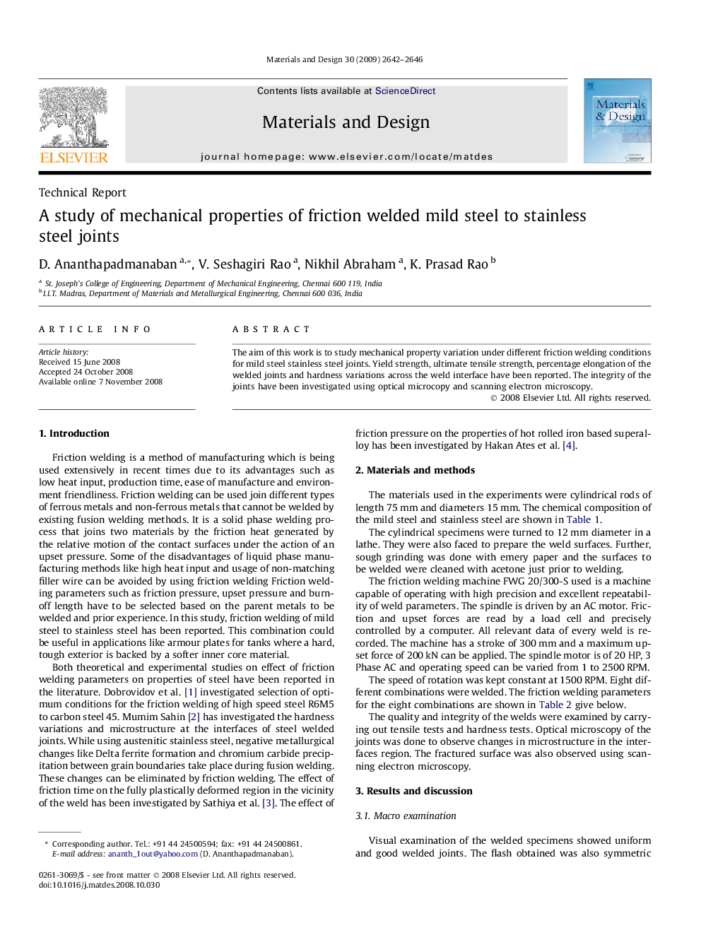 A study of mechanical properties of friction welded mild steel to stainless steel joints