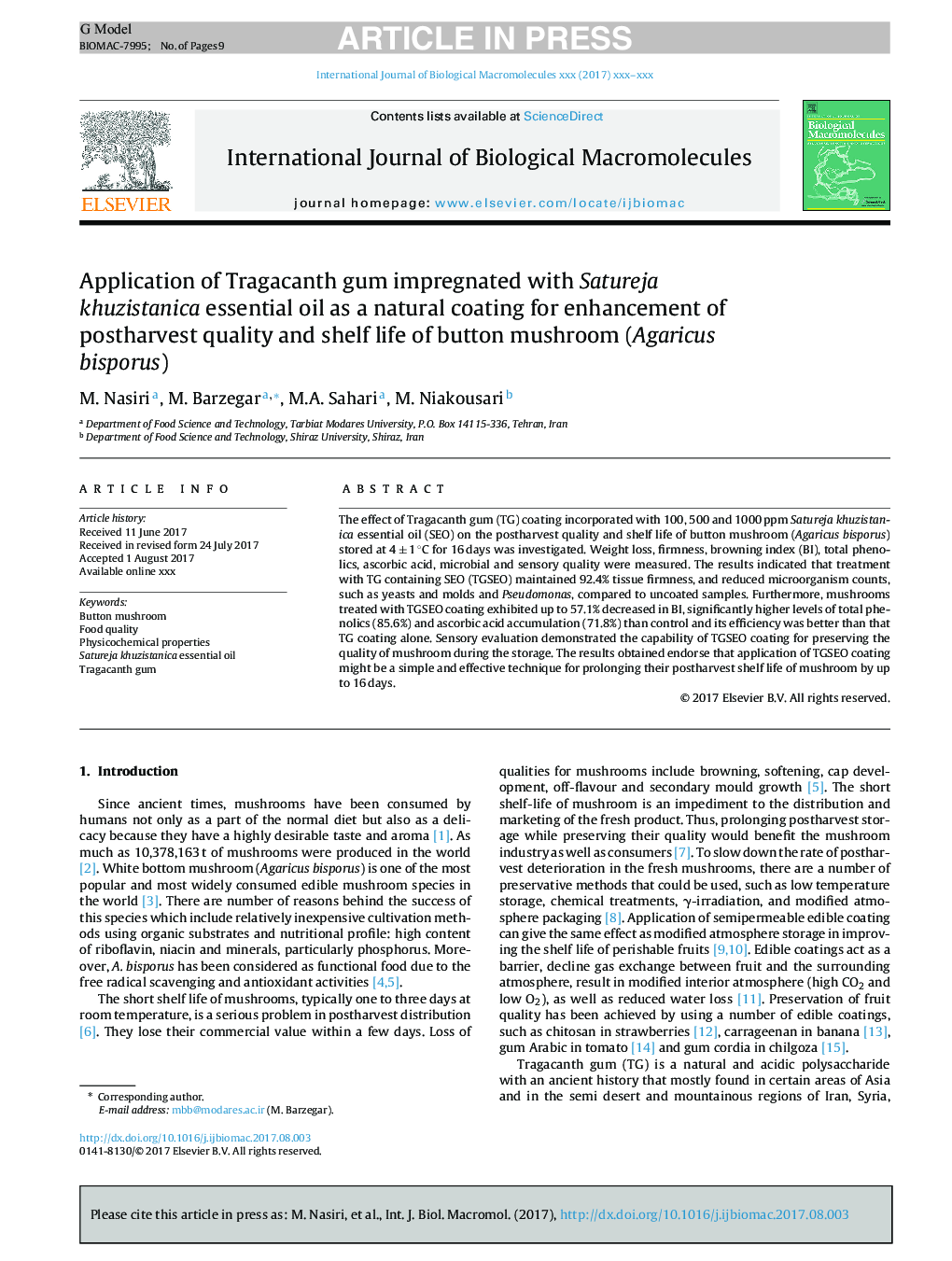 Application of Tragacanth gum impregnated with Satureja khuzistanica essential oil as a natural coating for enhancement of postharvest quality and shelf life of button mushroom (Agaricus bisporus)