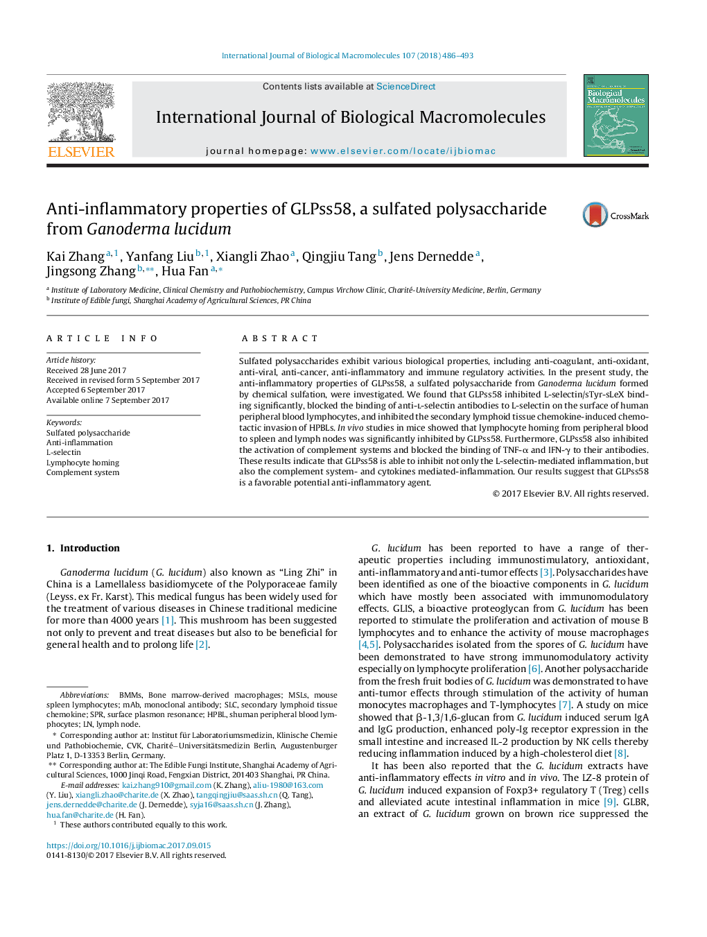 Anti-inflammatory properties of GLPss58, a sulfated polysaccharide from Ganoderma lucidum