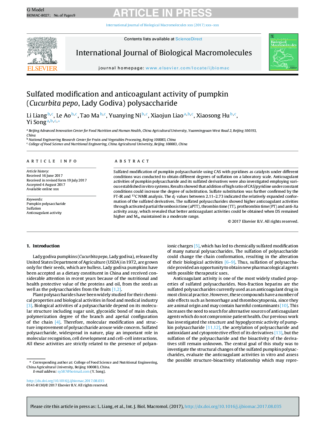 Sulfated modification and anticoagulant activity of pumpkin (Cucurbita pepo, Lady Godiva) polysaccharide