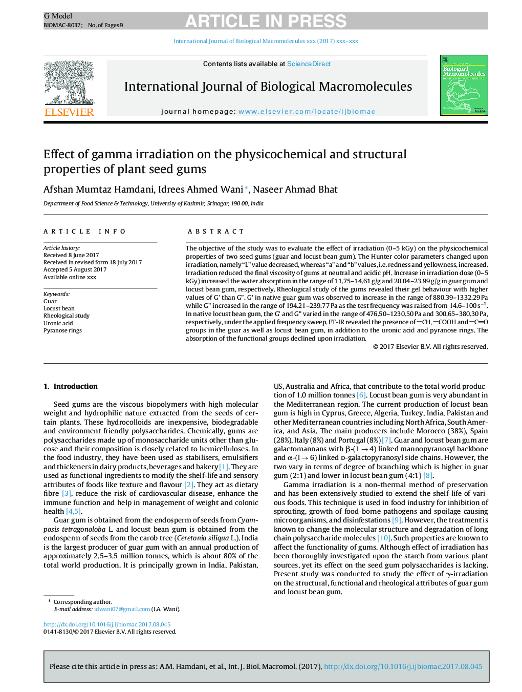 Effect of gamma irradiation on the physicochemical and structural properties of plant seed gums