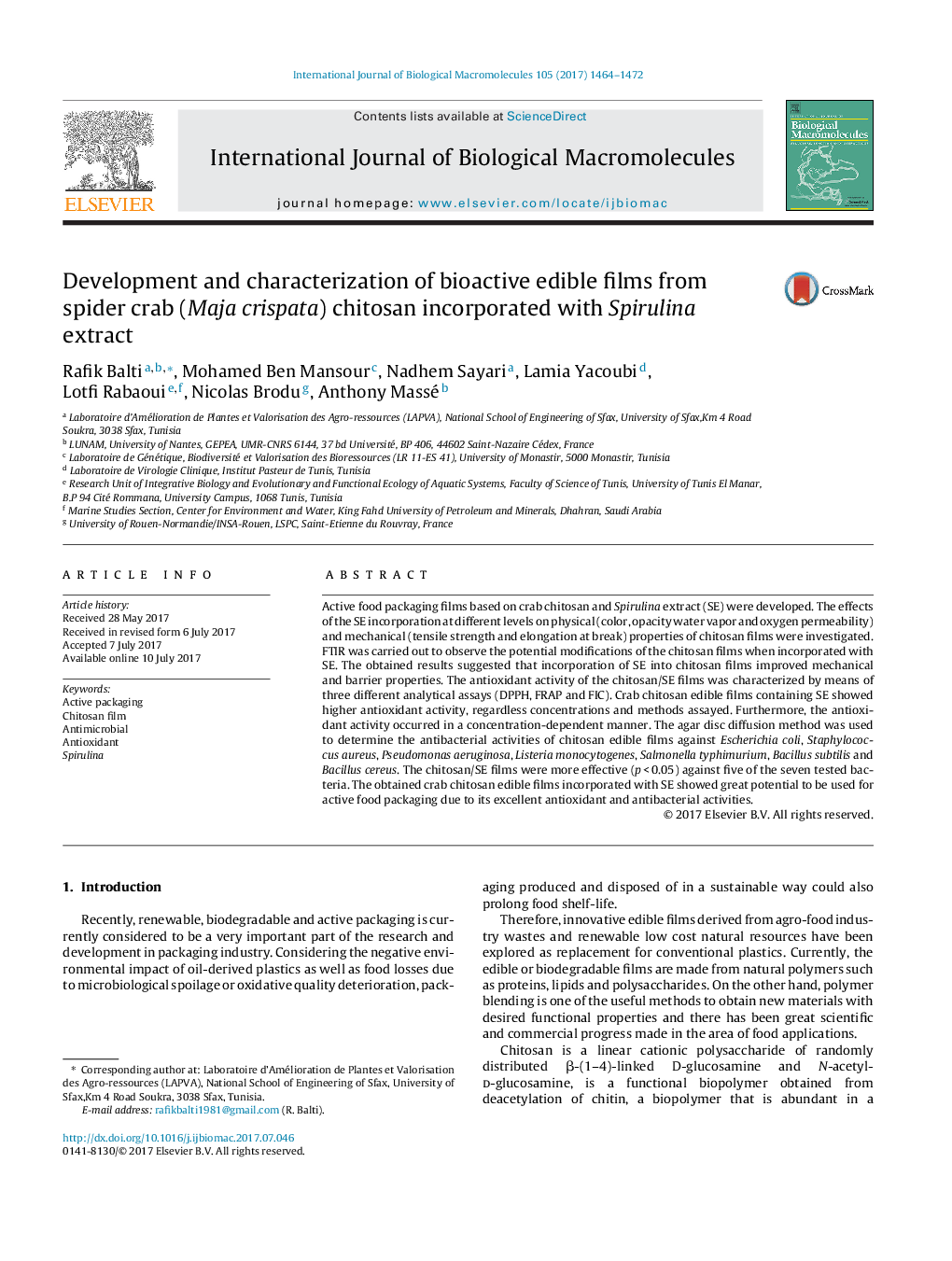 Development and characterization of bioactive edible films from spider crab (Maja crispata) chitosan incorporated with Spirulina extract