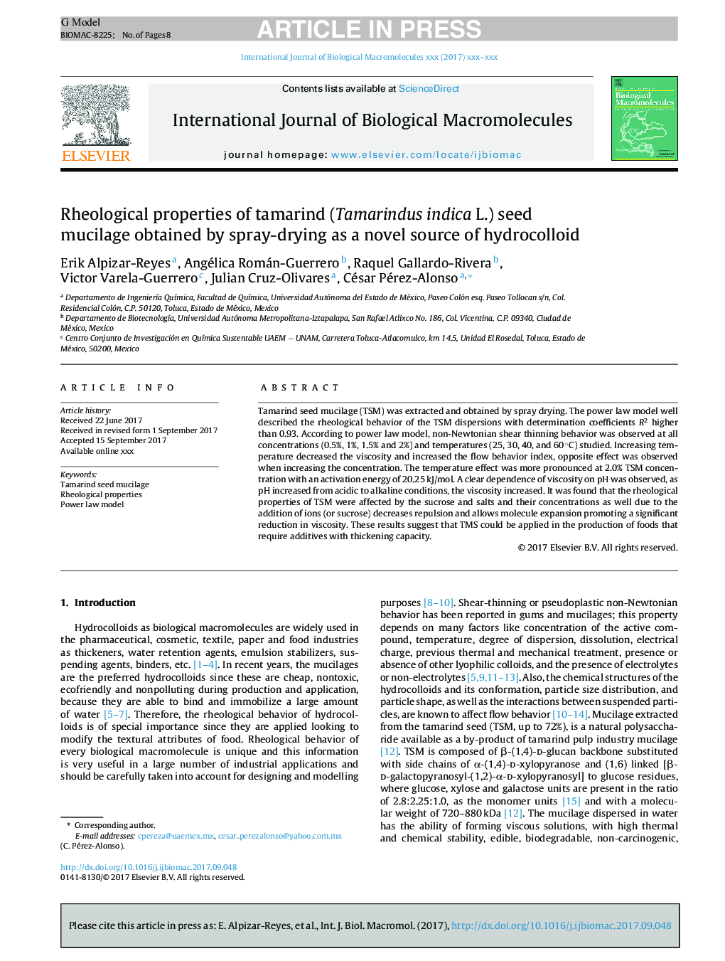 Rheological properties of tamarind (Tamarindus indica L.) seed mucilage obtained by spray-drying as a novel source of hydrocolloid