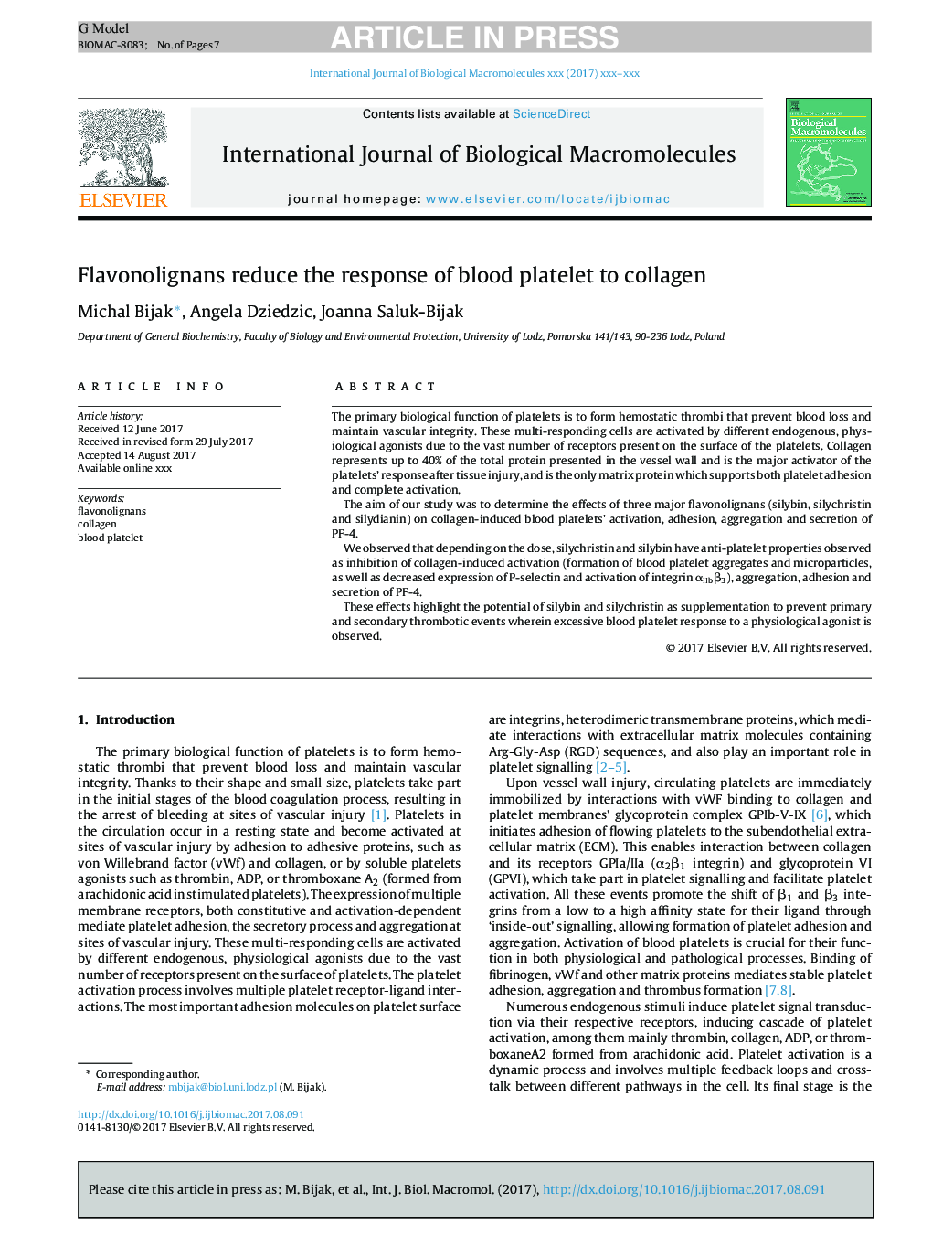 Flavonolignans reduce the response of blood platelet to collagen