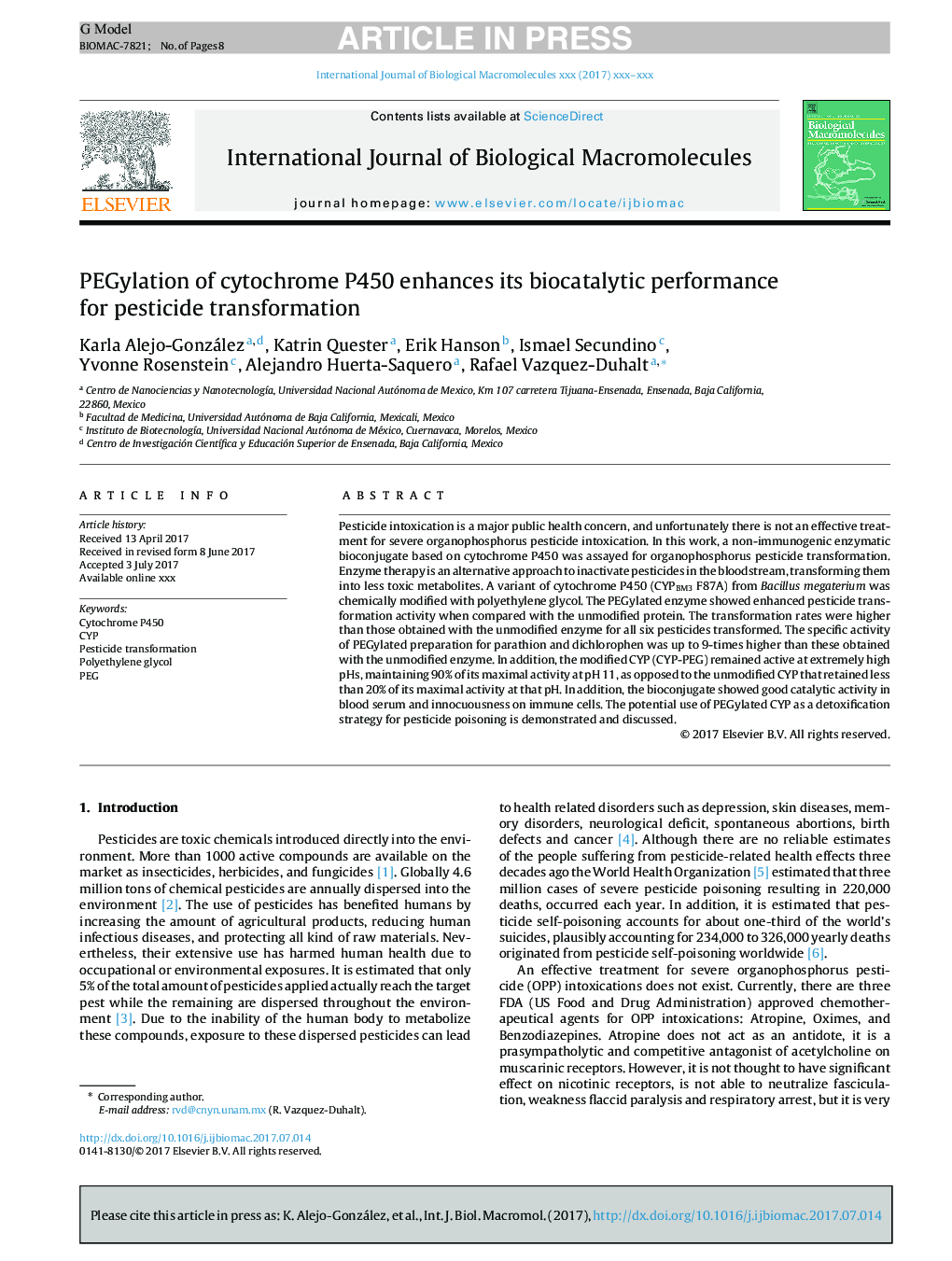 PEGylation of cytochrome P450 enhances its biocatalytic performance for pesticide transformation