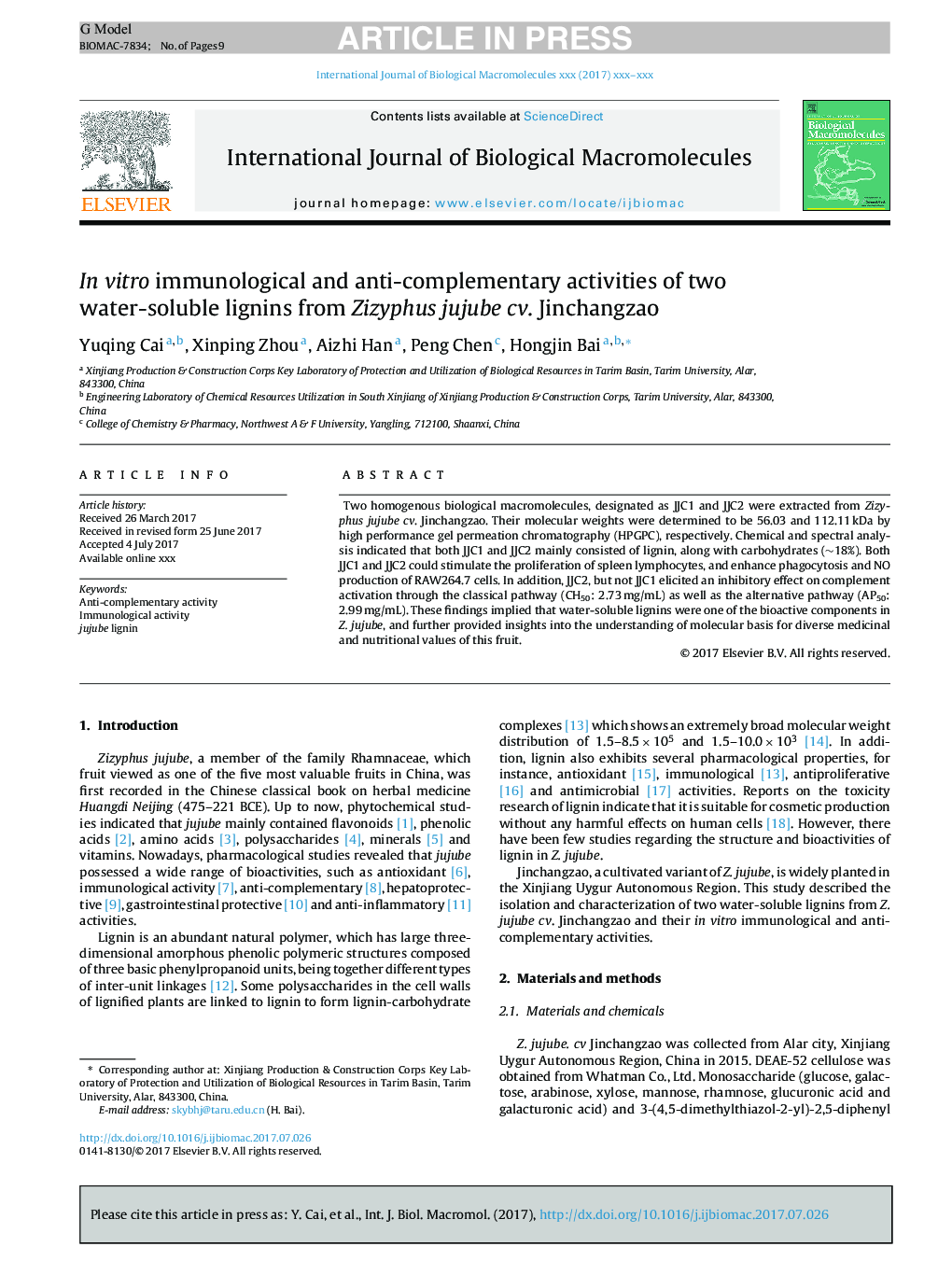 In vitro immunological and anti-complementary activities of two water-soluble lignins from Zizyphus jujube cv. Jinchangzao