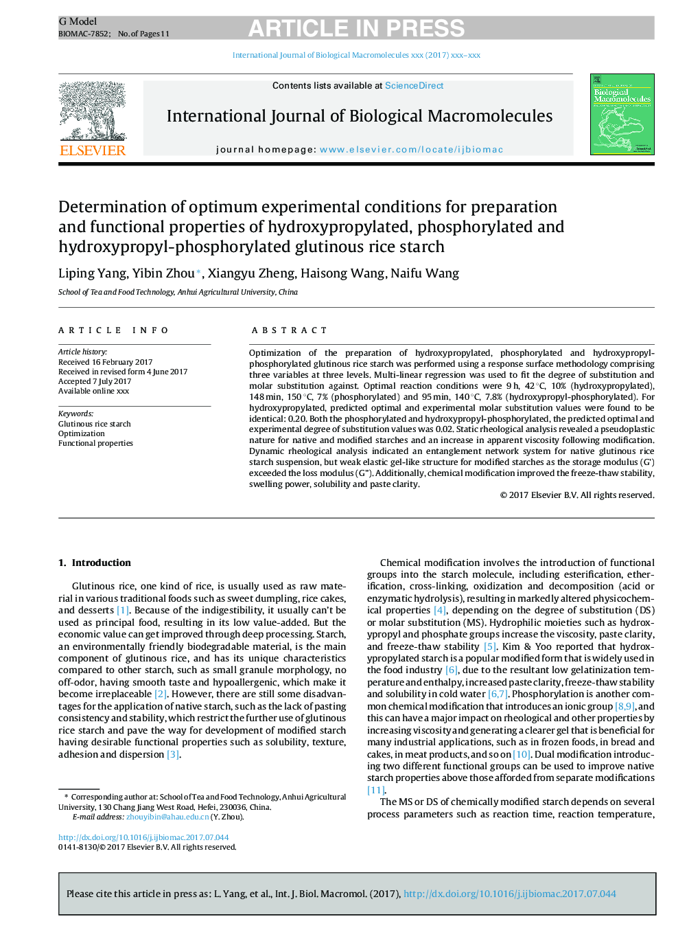 Determination of optimum experimental conditions for preparation and functional properties of hydroxypropylated, phosphorylated and hydroxypropyl-phosphorylated glutinous rice starch