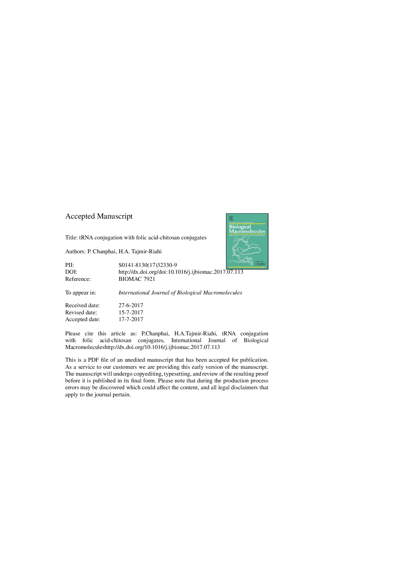 tRNA conjugation with folic acid-chitosan conjugates