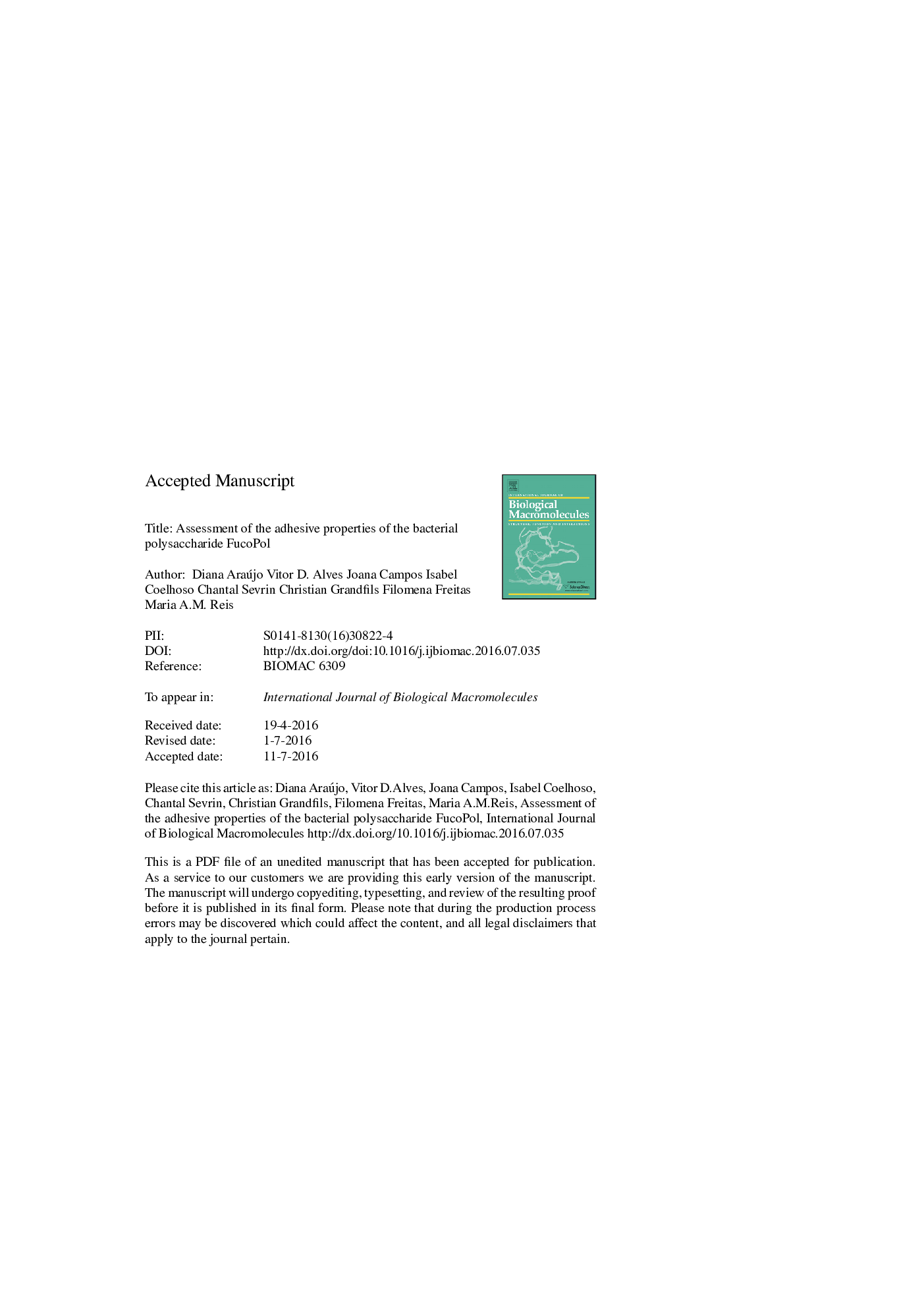 عکس صفحه اول مقاله: Assessment of the adhesive properties of the bacterial polysaccharide FucoPol Assessment of the adhesive properties of the bacterial polysaccharide FucoPol