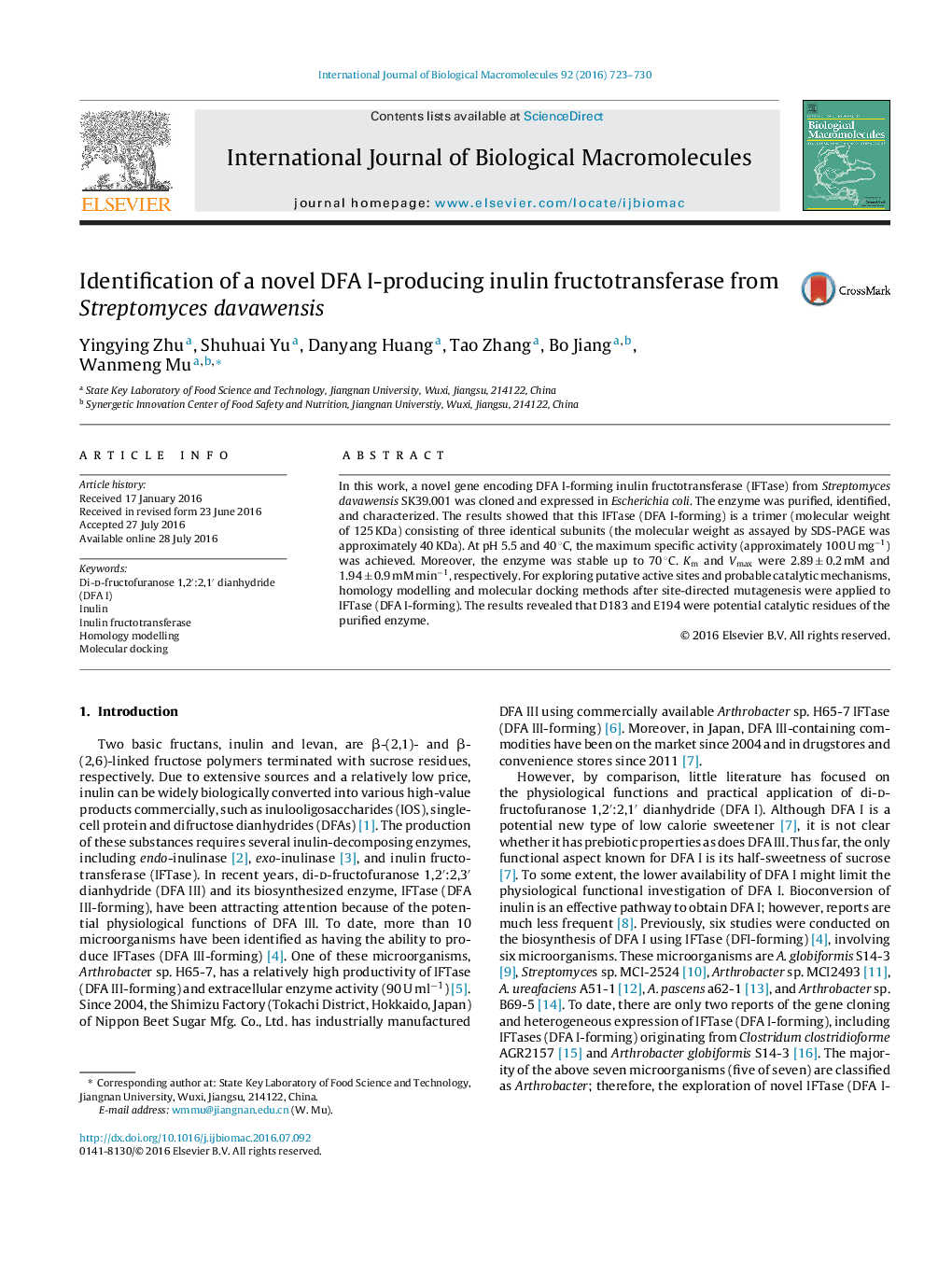 Identification of a novel DFA I-producing inulin fructotransferase from Streptomyces davawensis