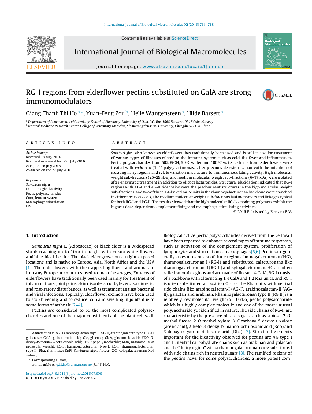 RG-I regions from elderflower pectins substituted on GalA are strong immunomodulators