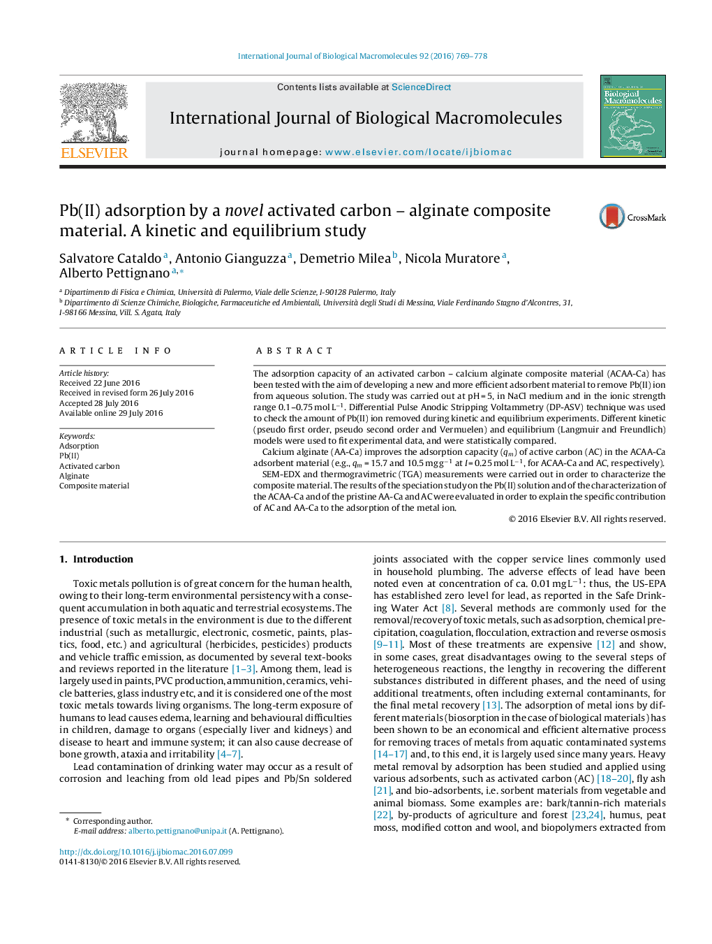 Pb(II) adsorption by a novel activated carbon â¿¿ alginate composite material. A kinetic and equilibrium study