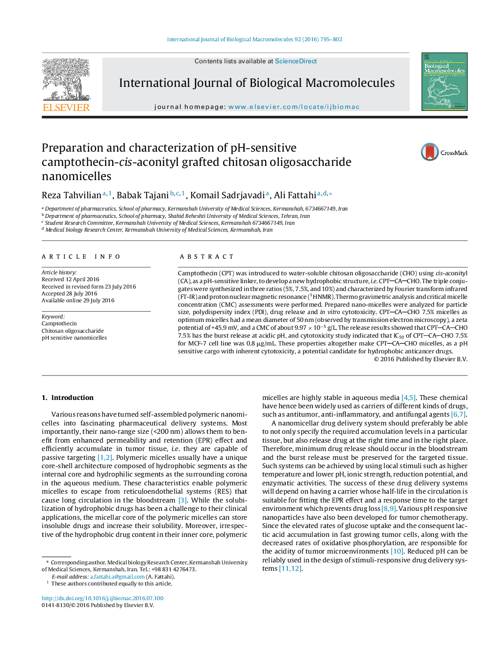 Preparation and characterization of pH-sensitive camptothecin-cis-aconityl grafted chitosan oligosaccharide nanomicelles