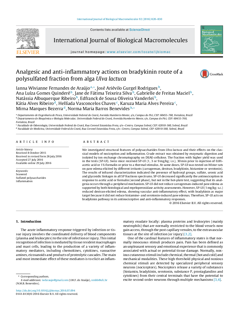 Analgesic and anti-inflammatory actions on bradykinin route of a polysulfated fraction from alga Ulva lactuca