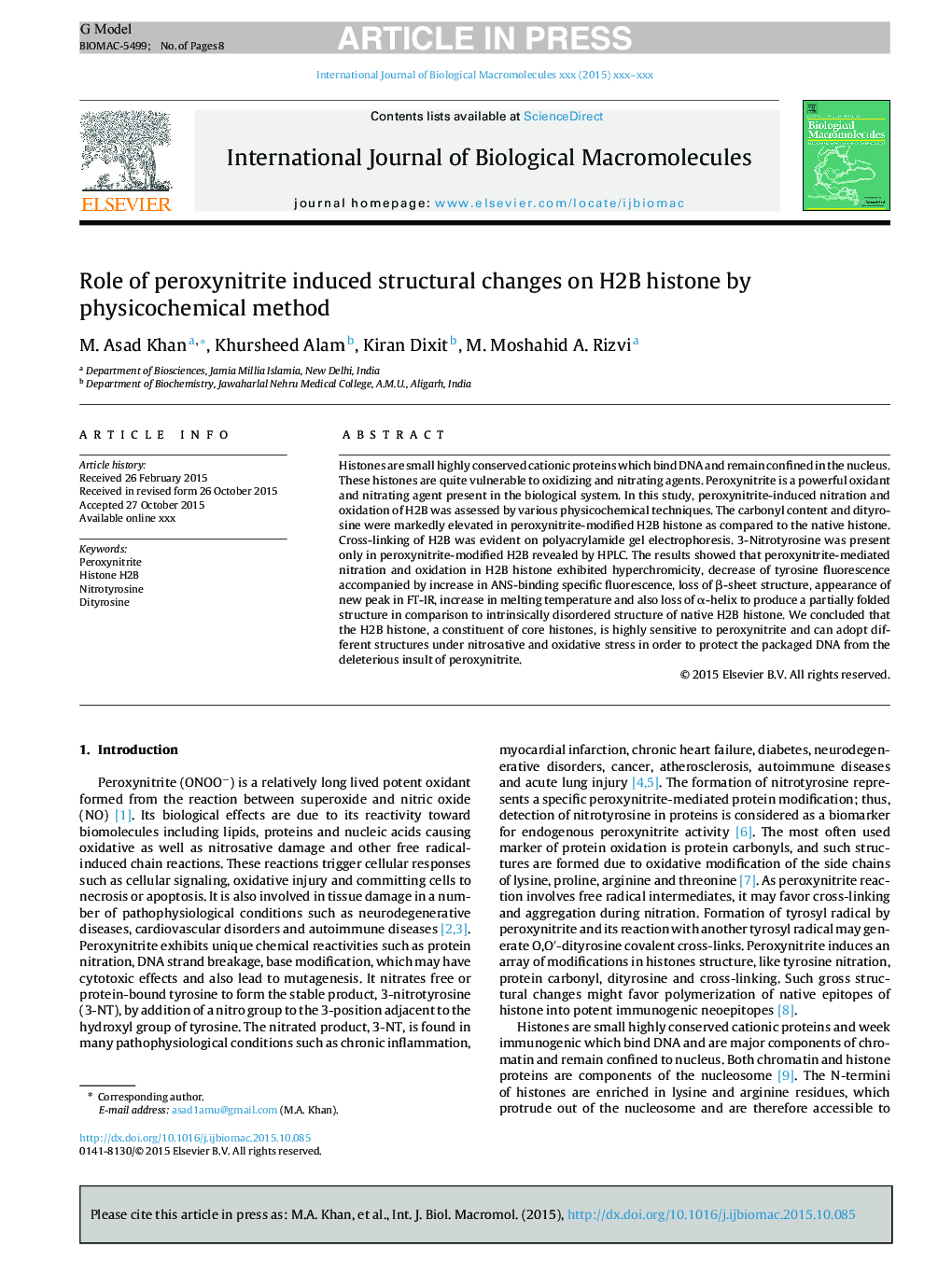 Role of peroxynitrite induced structural changes on H2B histone by physicochemical method