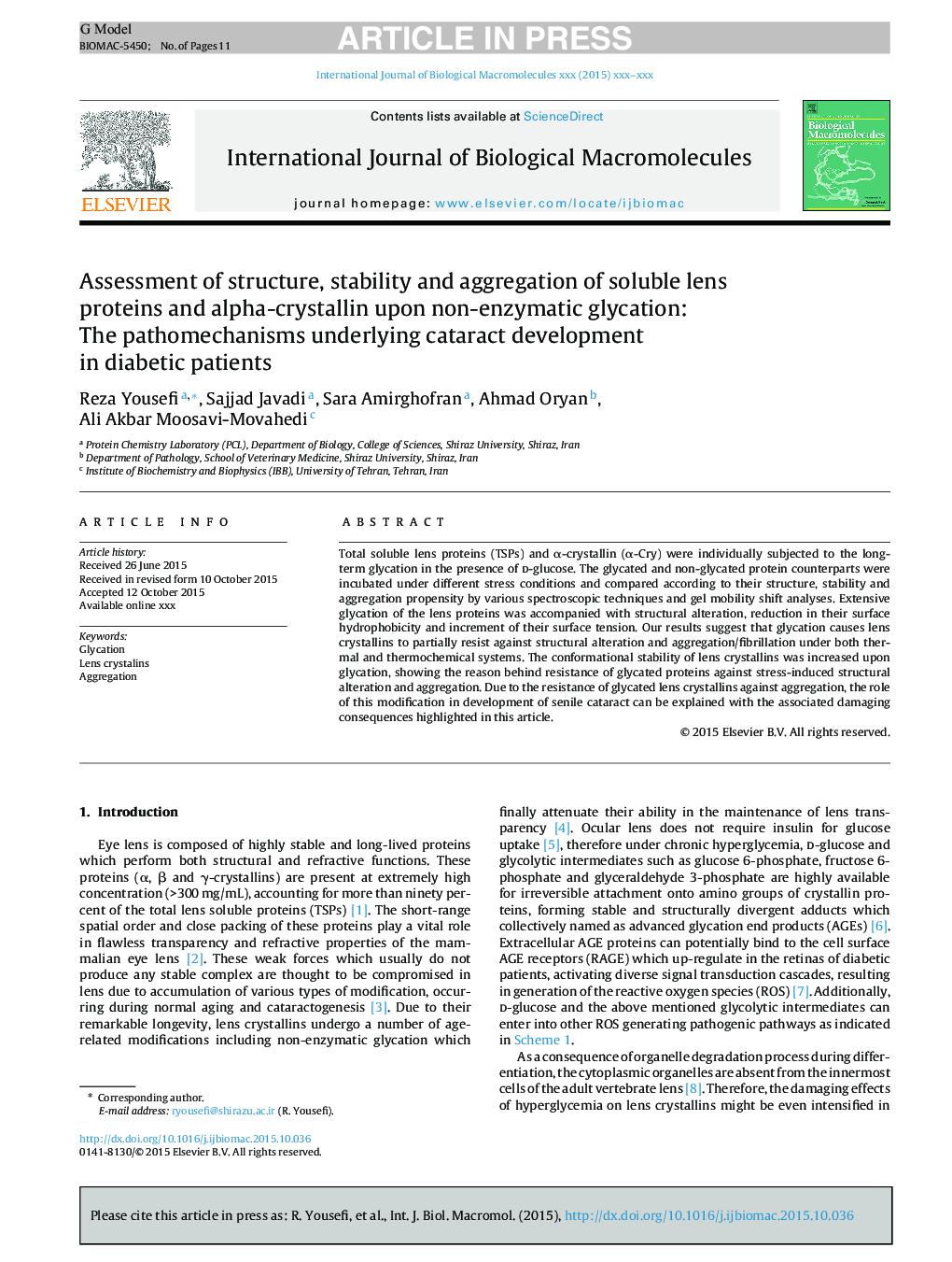 ارزیابی ساختار، ثبات و تجمع پروتئین های لنز محلول و آلفا کریستالین بر غلظت غیر آنزیمی: روش های پاتولوژیک زیر در توسعه کاتاراکت در بیماران دیابتی 