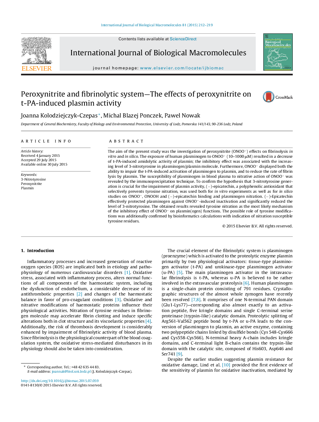 Peroxynitrite and fibrinolytic system-The effects of peroxynitrite on t-PA-induced plasmin activity