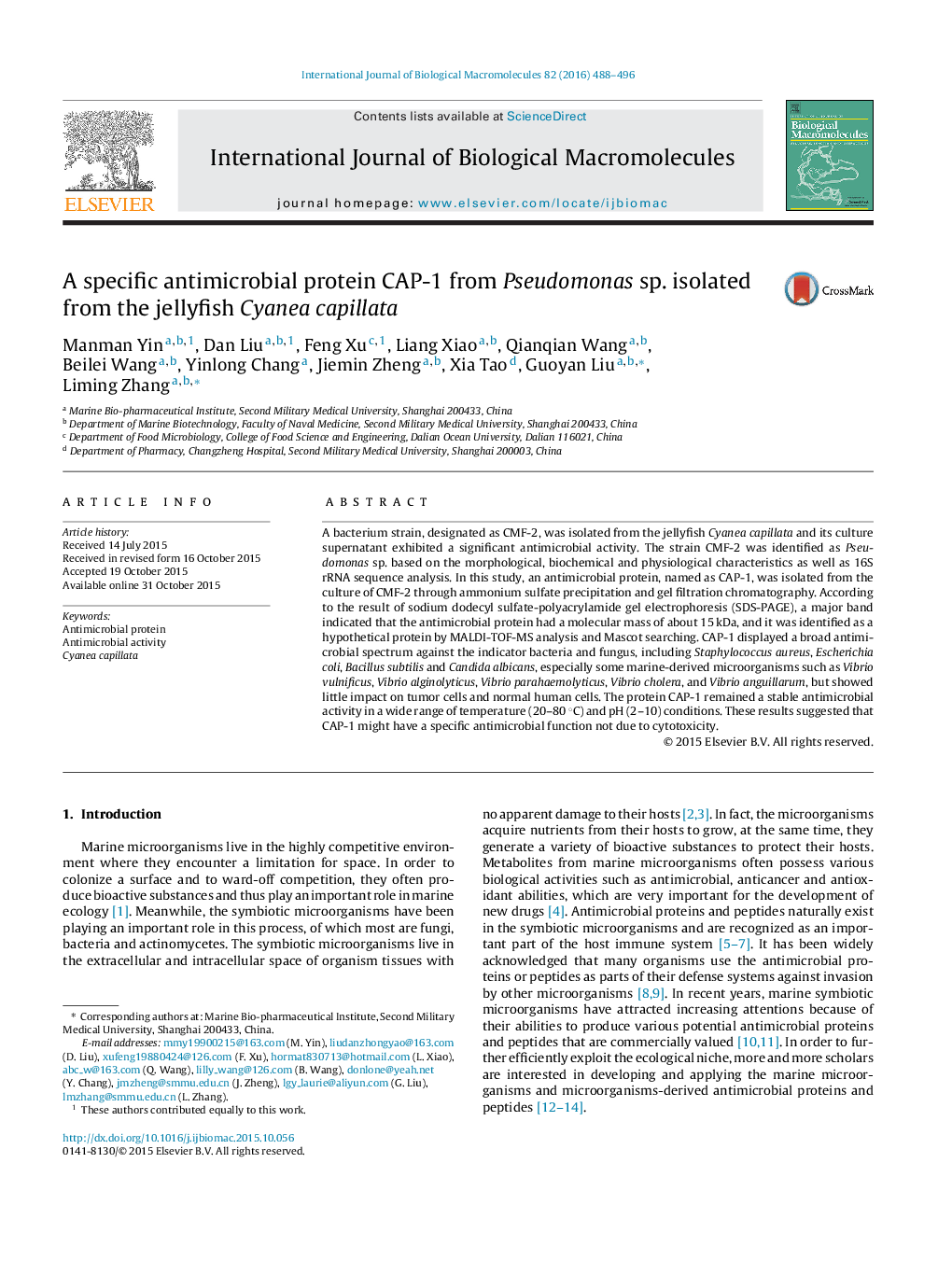 A specific antimicrobial protein CAP-1 from Pseudomonas sp. isolated from the jellyfish Cyanea capillata