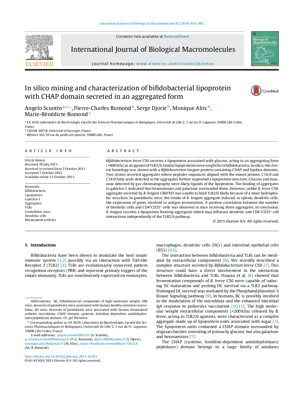 In silico mining and characterization of bifidobacterial lipoprotein with CHAP domain secreted in an aggregated form