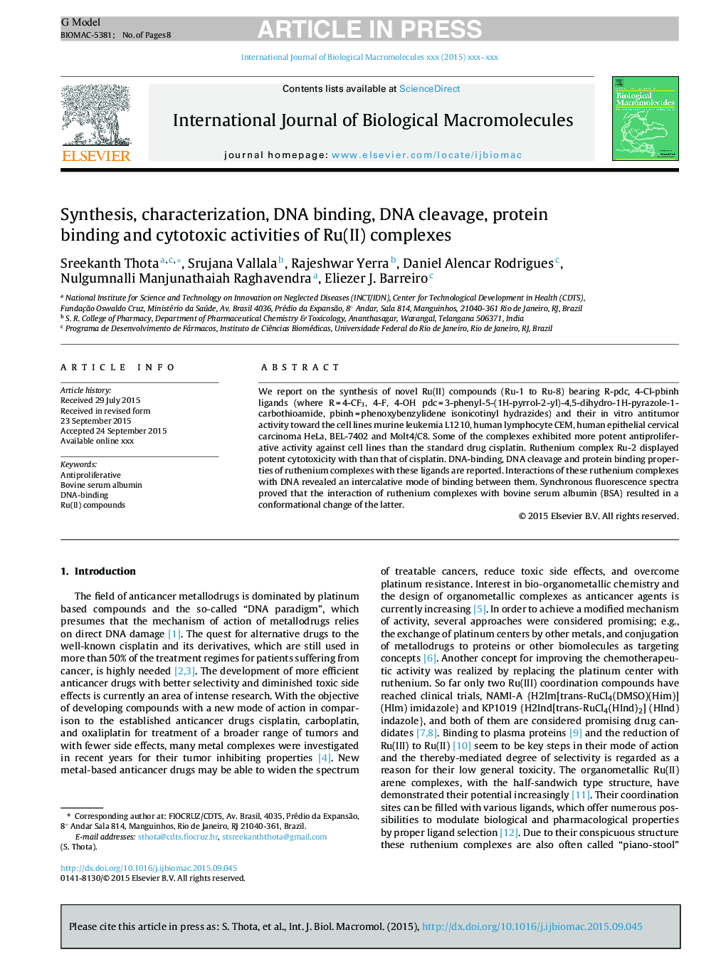 Synthesis, characterization, DNA binding, DNA cleavage, protein binding and cytotoxic activities of Ru(II) complexes