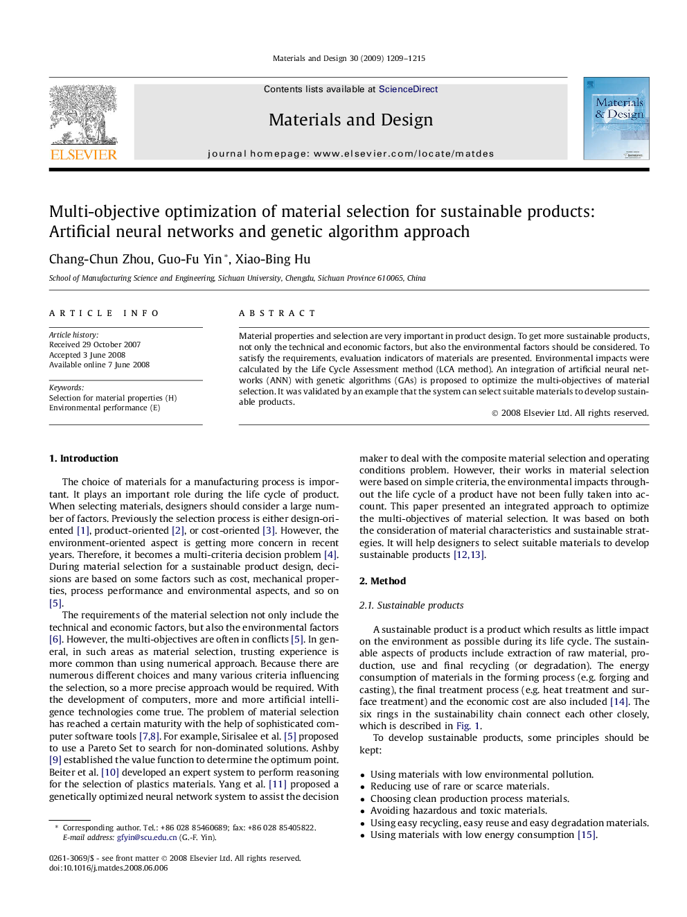 Multi-objective optimization of material selection for sustainable products: Artificial neural networks and genetic algorithm approach