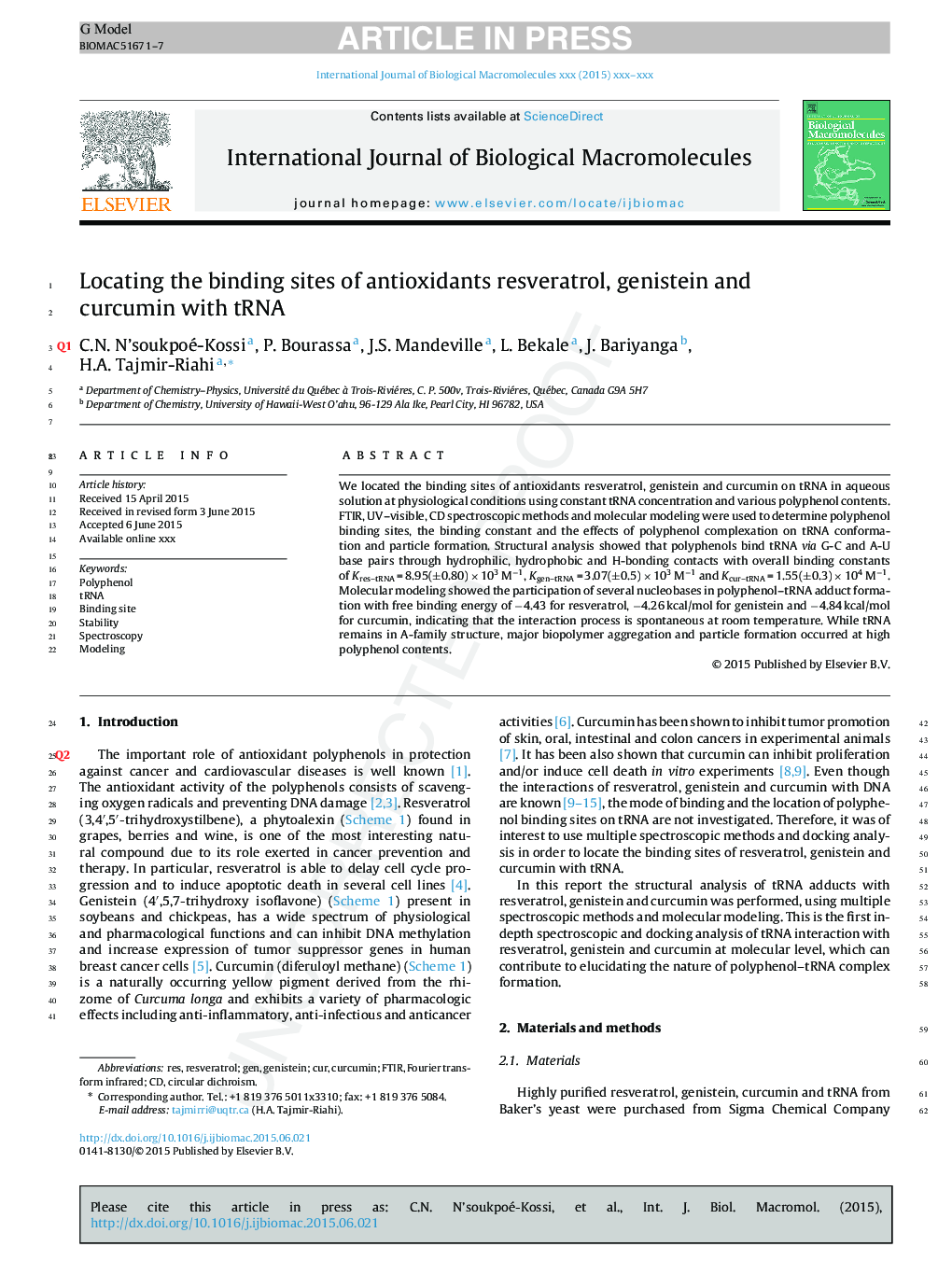 Locating the binding sites of antioxidants resveratrol, genistein and curcumin with tRNA