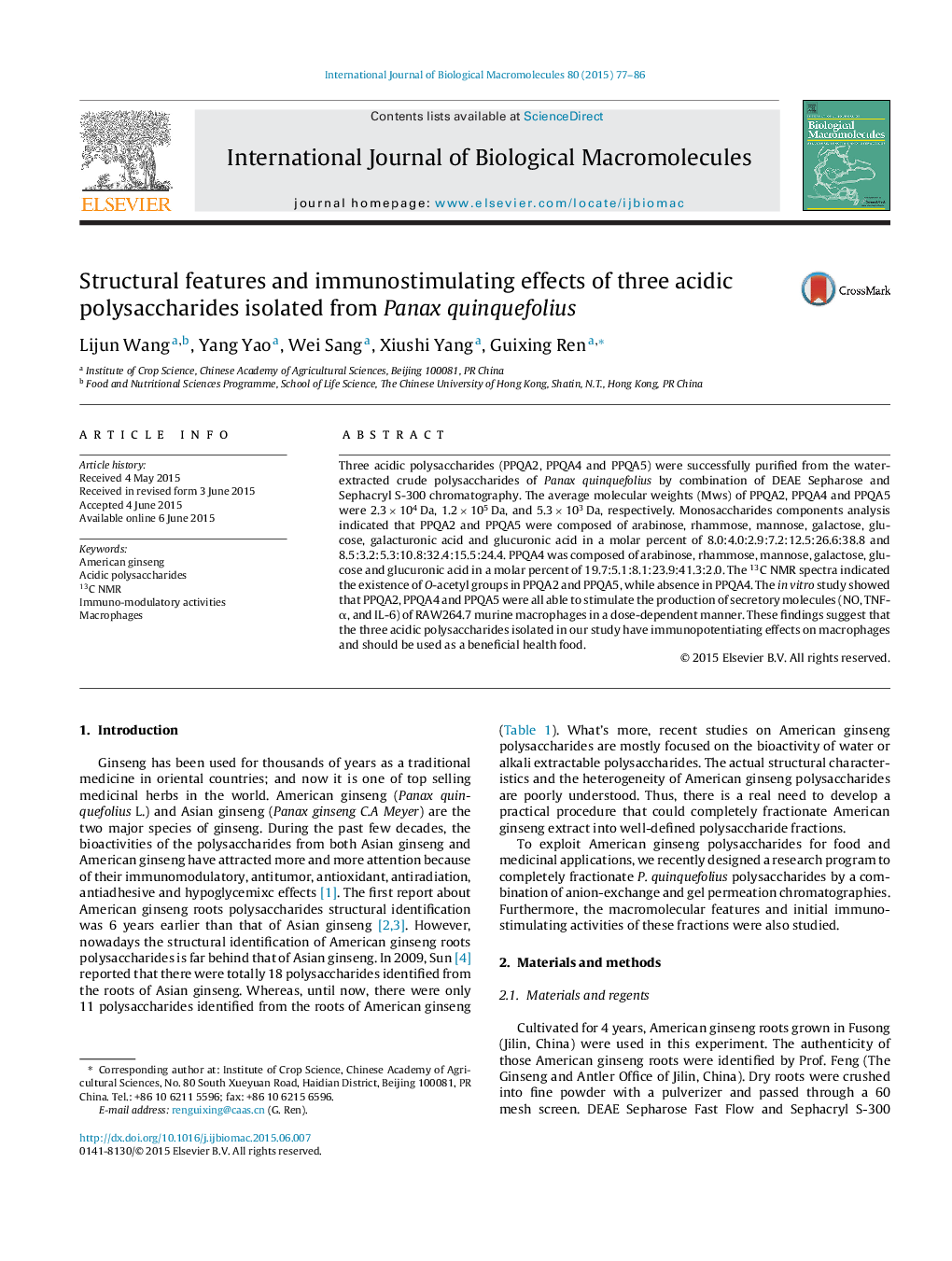 Structural features and immunostimulating effects of three acidic polysaccharides isolated from Panax quinquefolius