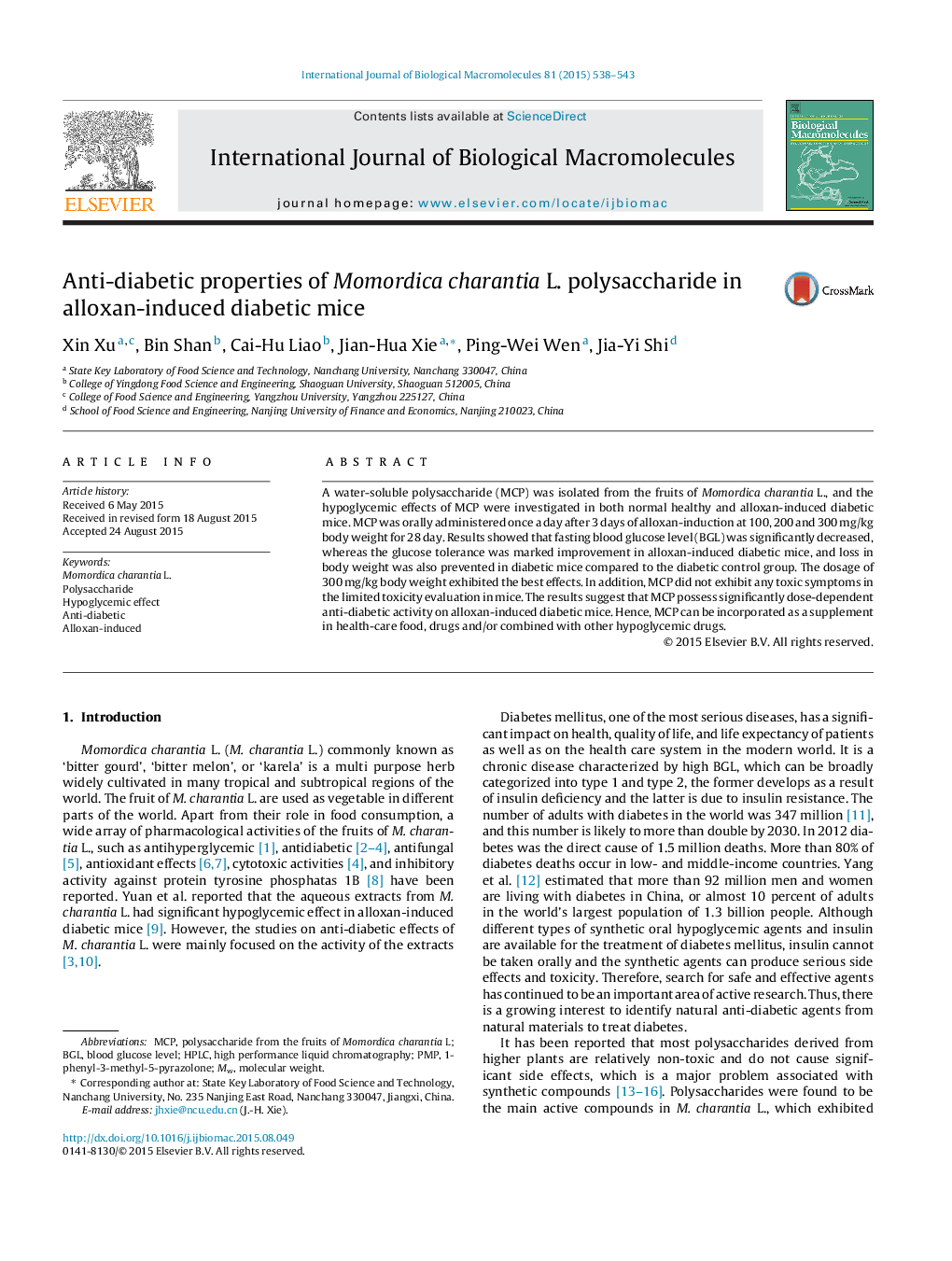 Anti-diabetic properties of Momordica charantia L. polysaccharide in alloxan-induced diabetic mice