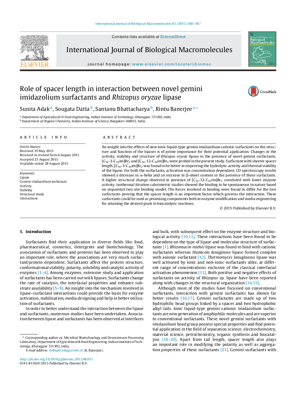 نقش طول فاصله ای در تعامل بین سورفاکتانتهای جدید ایمیدازولیوم جین و ریزوپوس ارزیلا لیپاز 