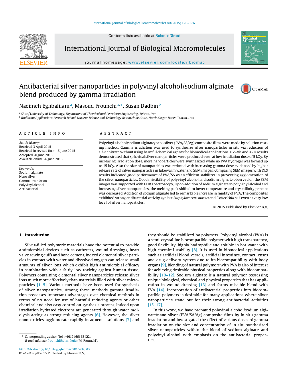 Antibacterial silver nanoparticles in polyvinyl alcohol/sodium alginate blend produced by gamma irradiation