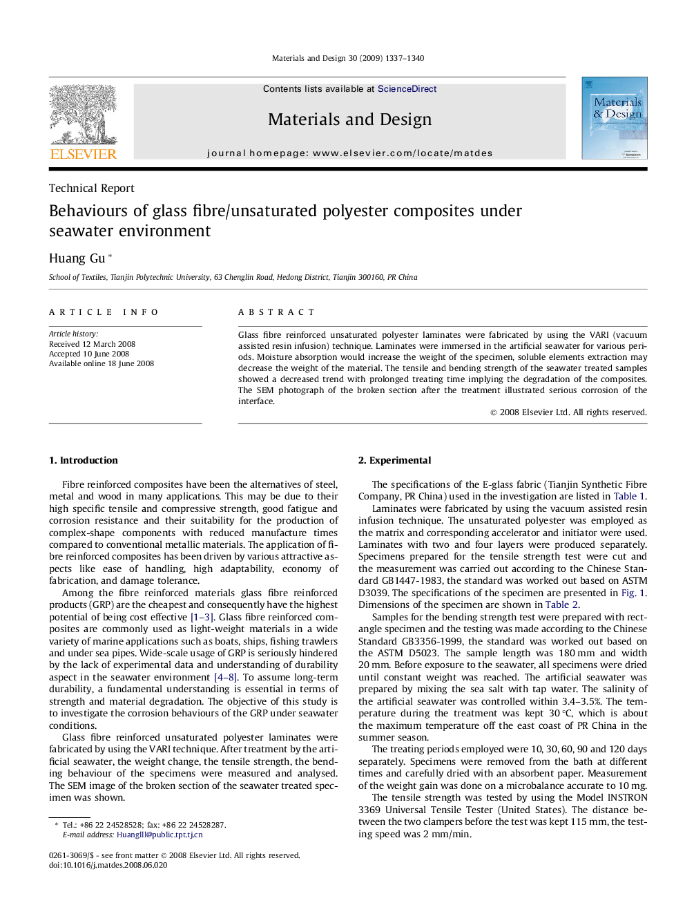 Behaviours of glass fibre/unsaturated polyester composites under seawater environment