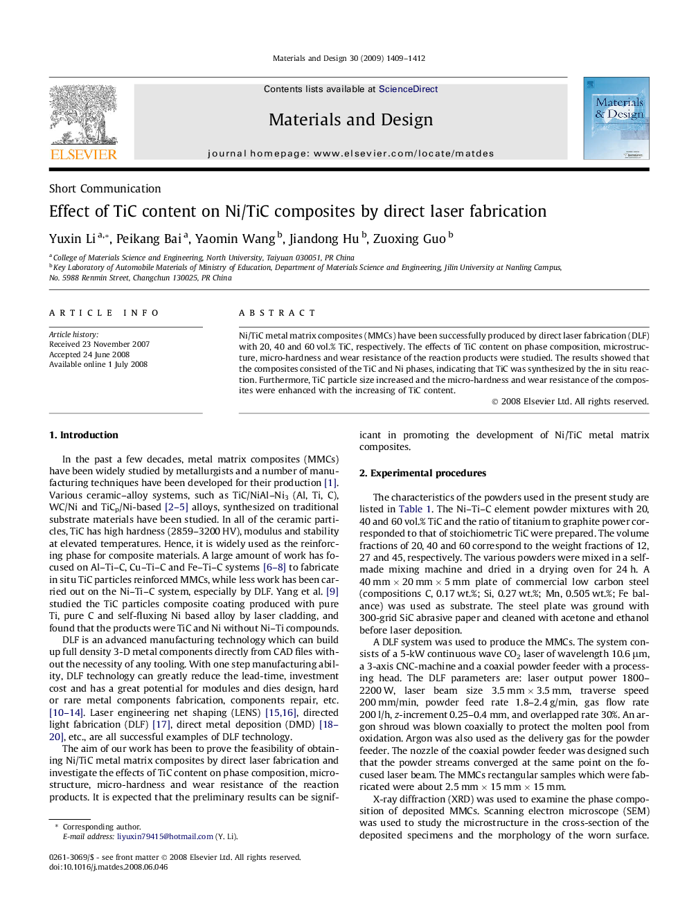 Effect of TiC content on Ni/TiC composites by direct laser fabrication