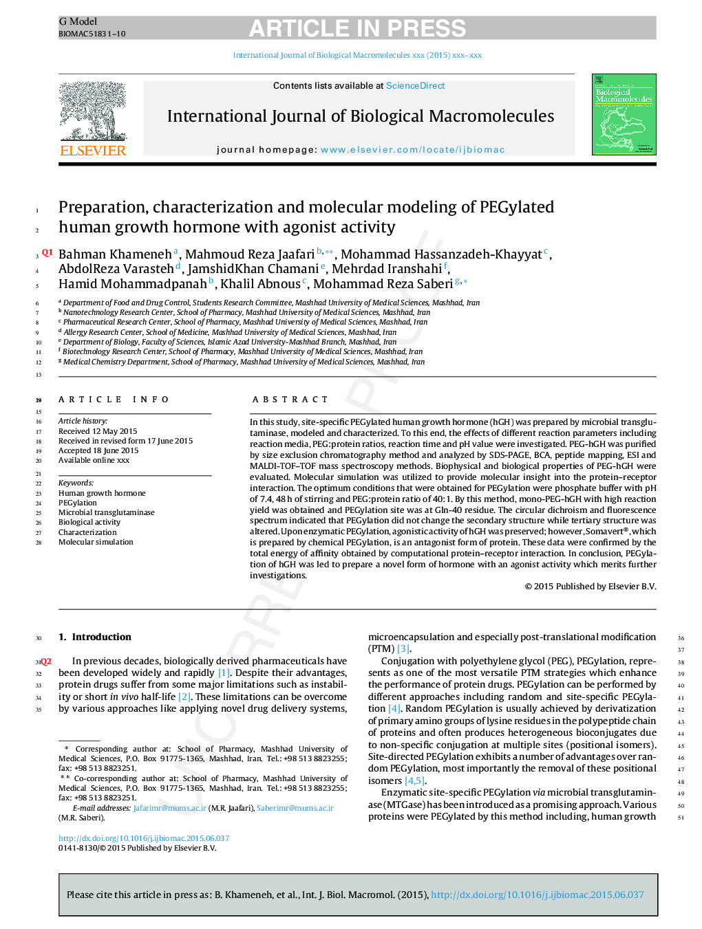 Preparation, characterization and molecular modeling of PEGylated human growth hormone with agonist activity