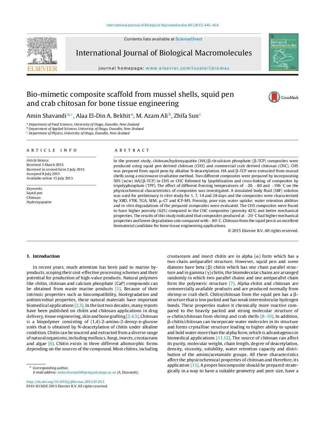 Bio-mimetic composite scaffold from mussel shells, squid pen and crab chitosan for bone tissue engineering