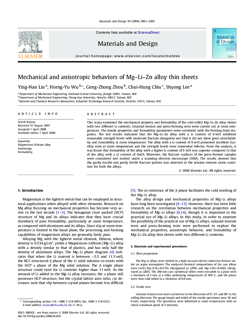 Mechanical and anisotropic behaviors of Mg–Li–Zn alloy thin sheets