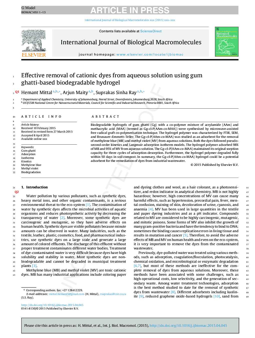 Effective removal of cationic dyes from aqueous solution using gum ghatti-based biodegradable hydrogel