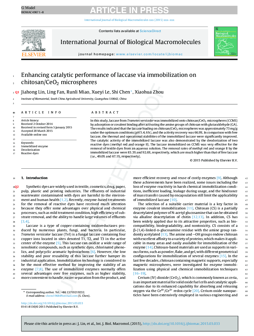 Enhancing catalytic performance of laccase via immobilization on chitosan/CeO2 microspheres