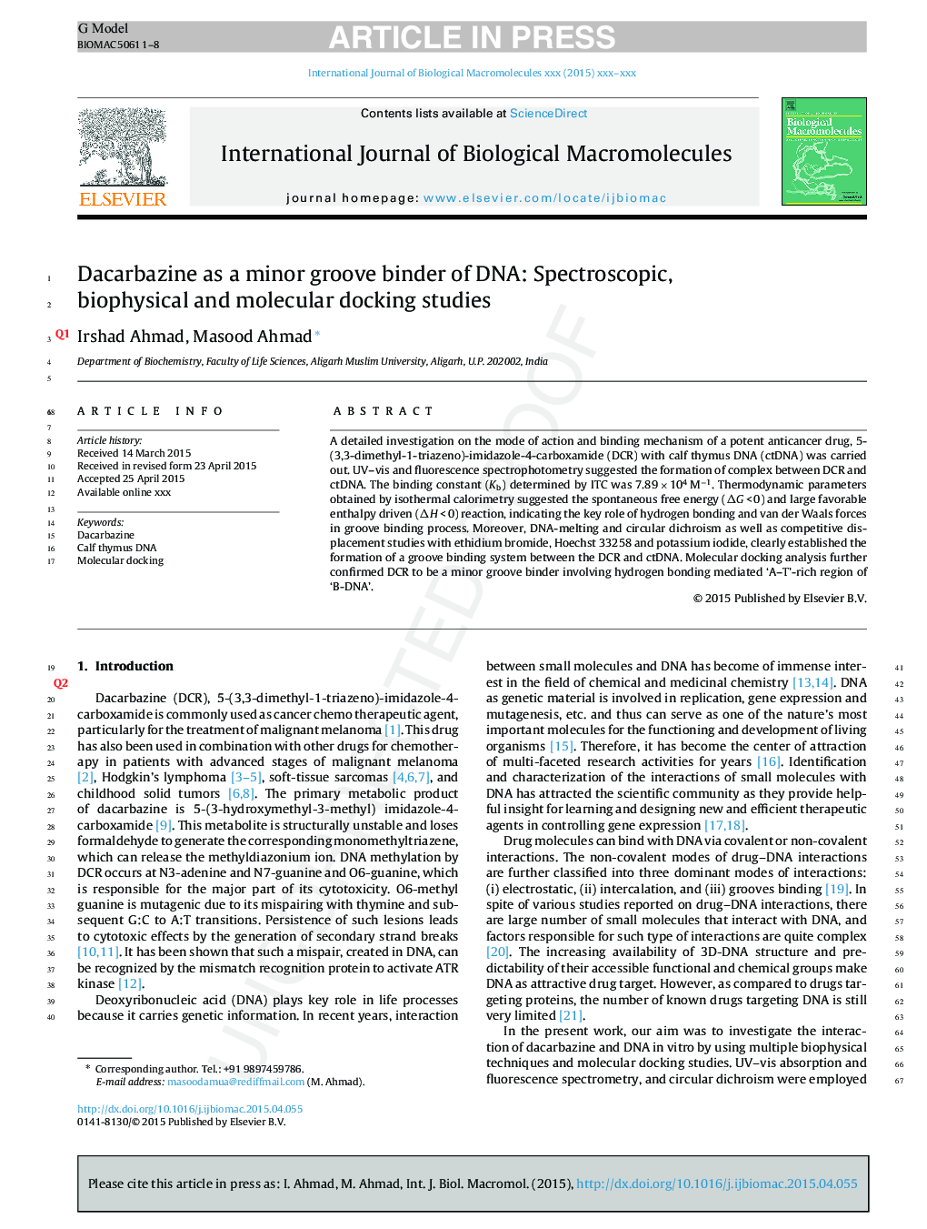 Dacarbazine as a minor groove binder of DNA: Spectroscopic, biophysical and molecular docking studies