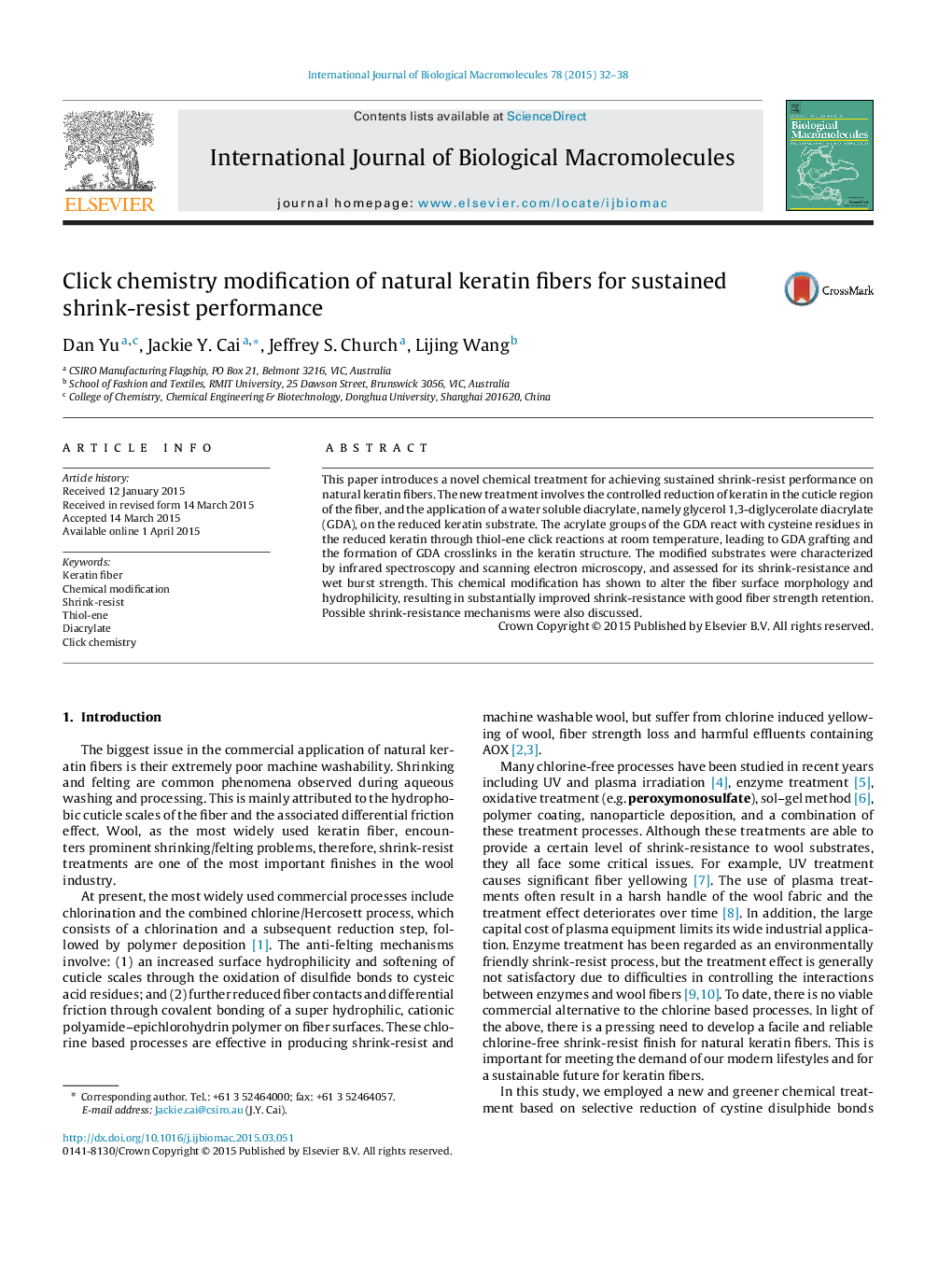 Click chemistry modification of natural keratin fibers for sustained shrink-resist performance