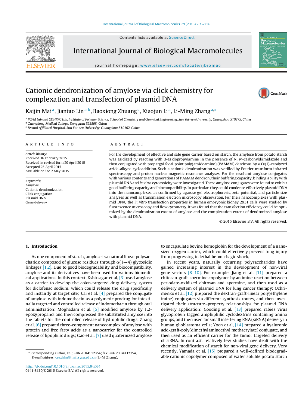 Cationic dendronization of amylose via click chemistry for complexation and transfection of plasmid DNA