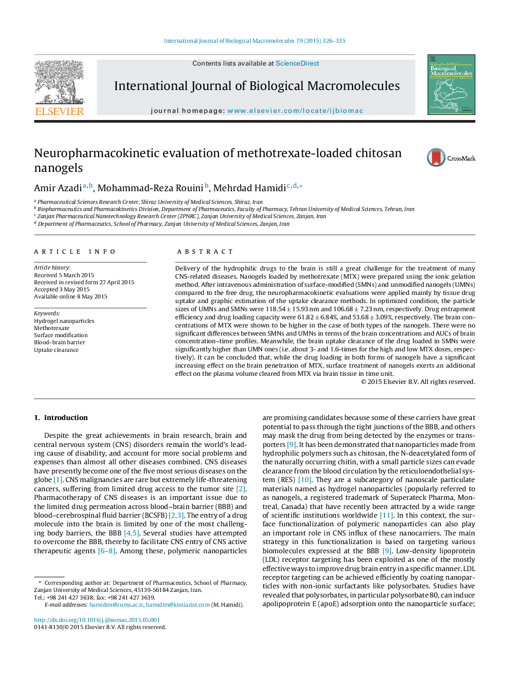 Neuropharmacokinetic evaluation of methotrexate-loaded chitosan nanogels