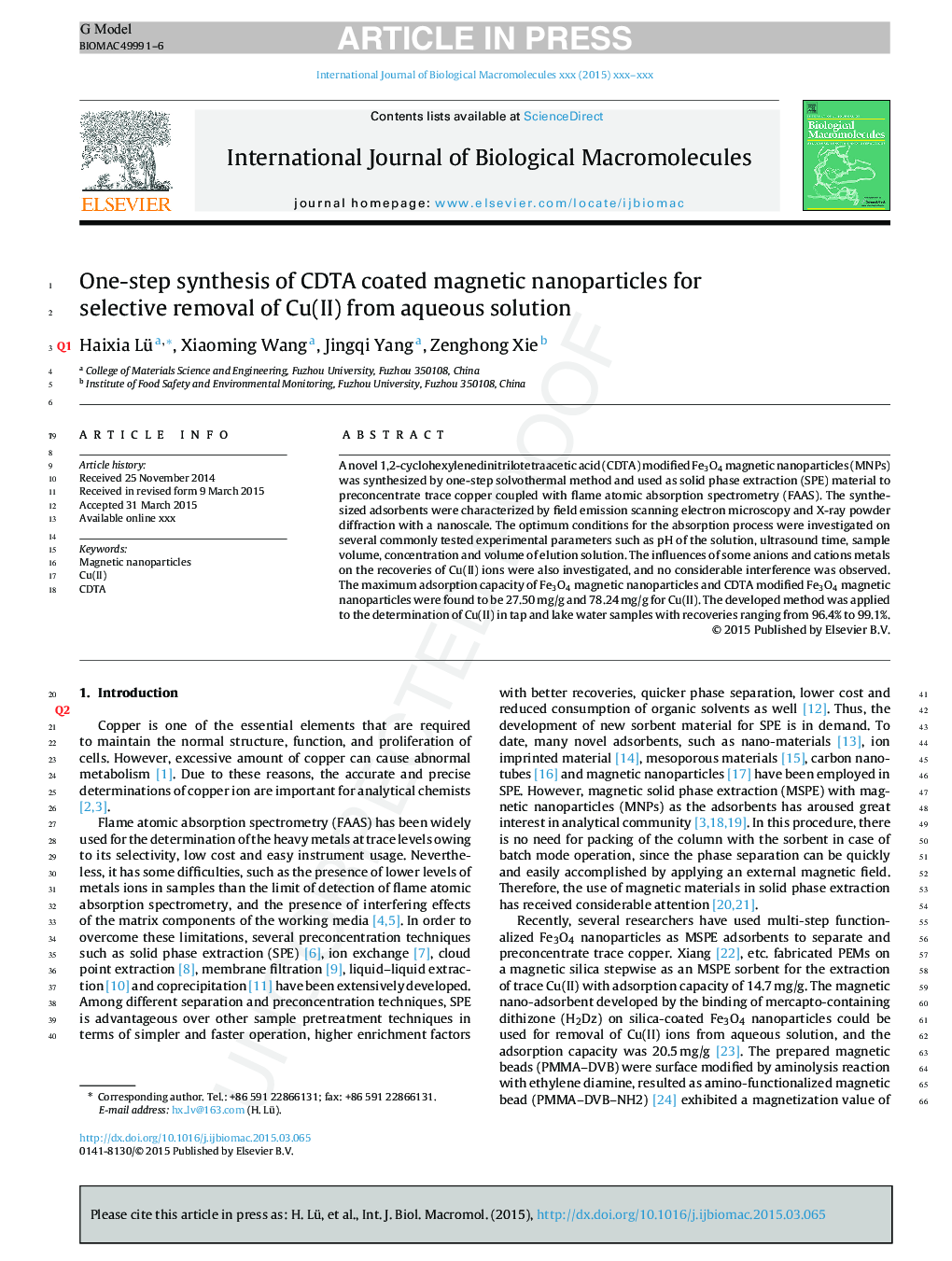 One-step synthesis of CDTA coated magnetic nanoparticles for selective removal of Cu(II) from aqueous solution