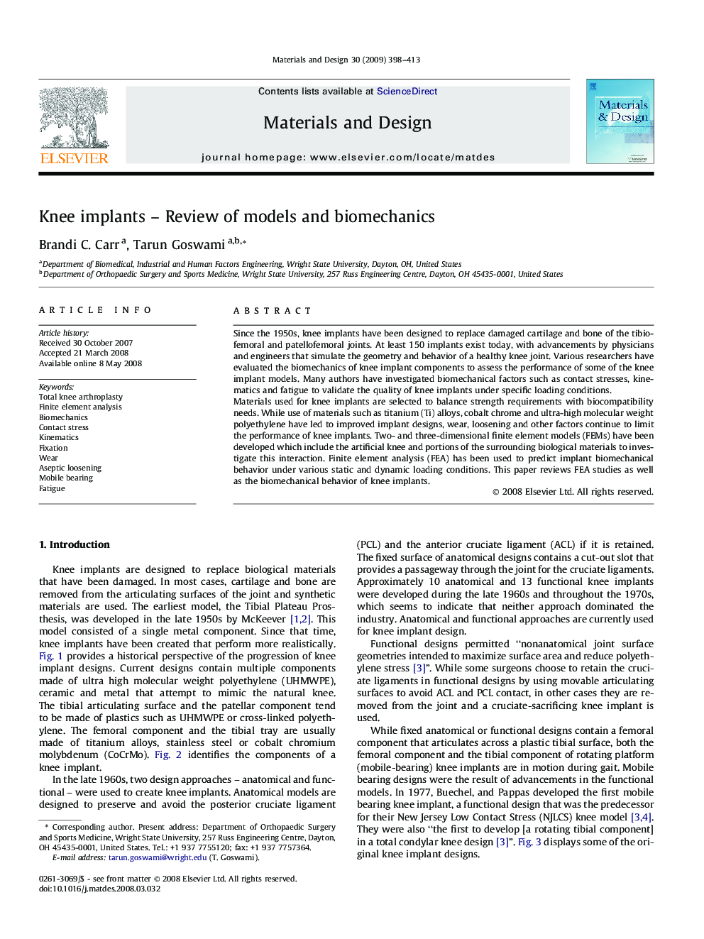 Knee implants – Review of models and biomechanics